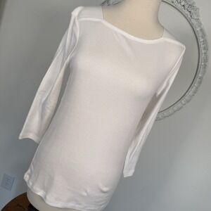 Chico's NWT Womens T Shirt Top 3/4 Sleeve  Button Accent White Bandeau Pima 0 Sm